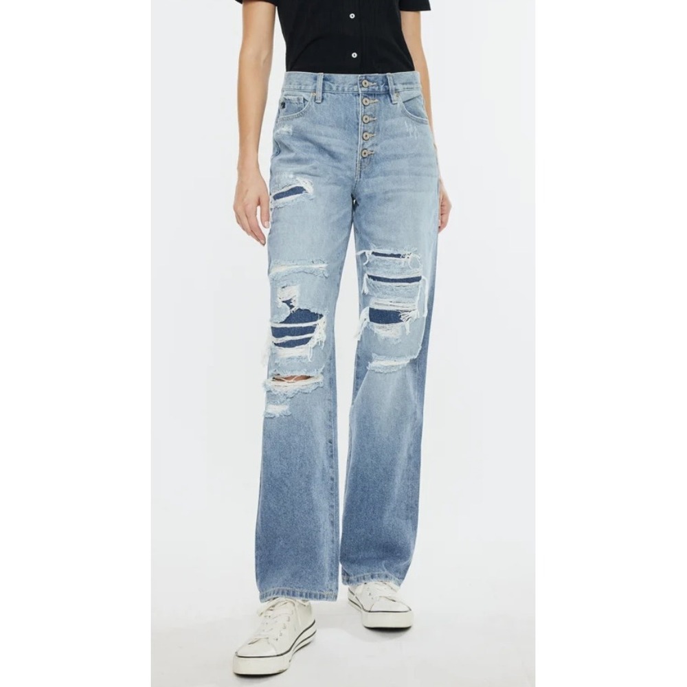 KanCan Wide Leg Light Blue Distressed Button Fly Jeans Size 5/26